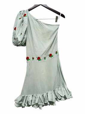 Fanm Mon Flame Linen Ruffled Embroidered Mint Green Mini Dress Size XS